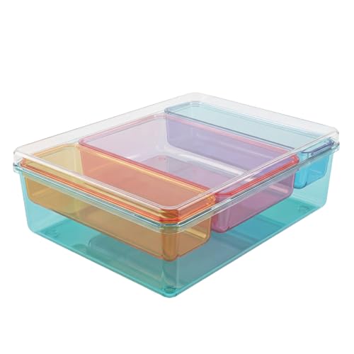 MOSSRIVER 4 Pack Clear Drawer Organizer Set, Plastic Desk Organizer Bin with Lid & Trays, Colorful Storage Box with Removable Trays for Cosmetics, Jewelry, Bedroom, Bathroom, Office, Combo 11 - color: Color 11