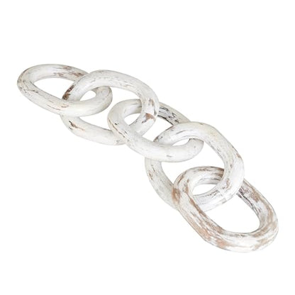 Housewarming Gifts Wood Chain Link Decor Hand Carved 5-Link Wood Knot Decorative Chain, Rustic Decorative Object Large Wooden Chain for Home Living Room Coffee Table Farmhouse 16 x 4 x 2 (White)