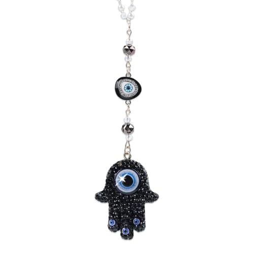 Hamsa Hand Evil Eye Car Charm - Black Crystal Evileye Beaded Chain Rear Mirror Hanging Ornament, Spiritual Protection Ward & Lucky Car Interior Decoration for Women Men - color: Black