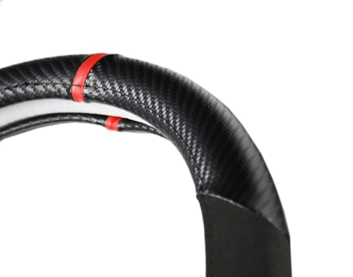 Carbon Fiber + Leather Steering Wheel Cover with Sporty Red Top Stripe, Non-Slip and Sweat Absorbent Universal fit All 14 ½ to 15 inches SW for Most Car SUV Pickup - color: carbon pattern+black leather+ red circle