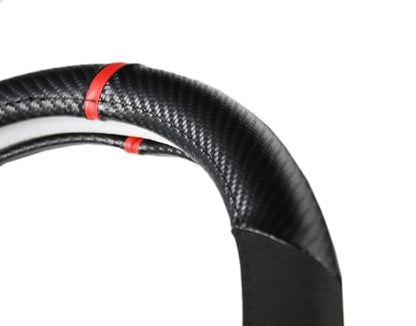 Carbon Fiber + Leather Steering Wheel Cover with Sporty Red Top Stripe, Non-Slip and Sweat Absorbent Universal fit All 14 ½ to 15 inches SW for Most Car SUV Pickup - color: carbon pattern+black leather+ red circle