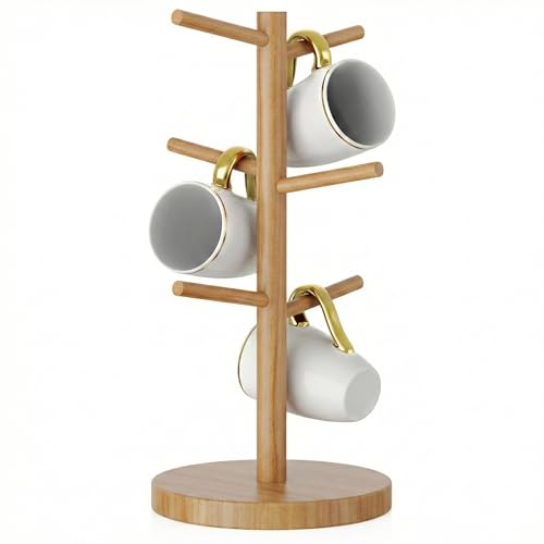 Wisuce Bamboo Coffee Mug Holder Tree, Thicker Base Coffee Cup Holder Stand for Counter, Mug Rack with 6 Hooks (Natural) - color: Natural