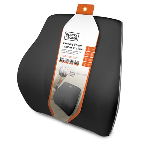 BLACK+DECKER Memory Foam Lumbar Support Pillow, Lumbar Cushion for Office, Car, Wheelchair & Airplane – Adjustable Strap, Full Back Pain Relief, Washable Cover, Black/Grey - color: Black/Grey