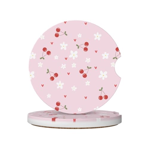 Pink Cherry Car Coasters for Cup Holders,2 Pack Car Cup Holder Coasters for Car,Ceramic Absorbent Car Coaster with A Finger Notch and Cork Base,Car Interior Accessories for Women Men - color: Pink Cherry