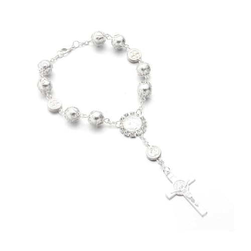 Car Rosary for Rearview Mirror, Personalized Rear View Cross Blessing Beads Decor, Auto Rearview Catholic Rosary Hanging Pendant, Car Interior Hanging Accessories (Silver)