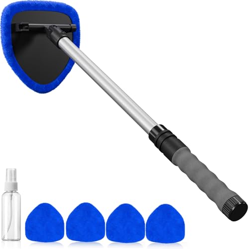 desin Windshield Cleaning Tool, Car Window Cleaner Windshield Cleaner with 4 Reusable and Washable Microfiber Pads and Extendable Handle Auto Inside Glass Wiper Kit - color: Blue