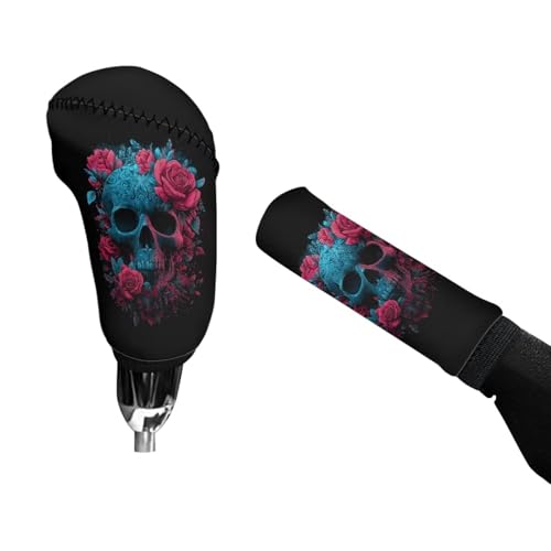 Rose Sugar Skull Print 2 Pack Car Handbrake Cover Gear Shift Knob Cover Set, Breathable Auto Gear Shift Knob Cover with Handbrake Cover Vehicle Interior Accessories - color: Rose Sugar Skull
