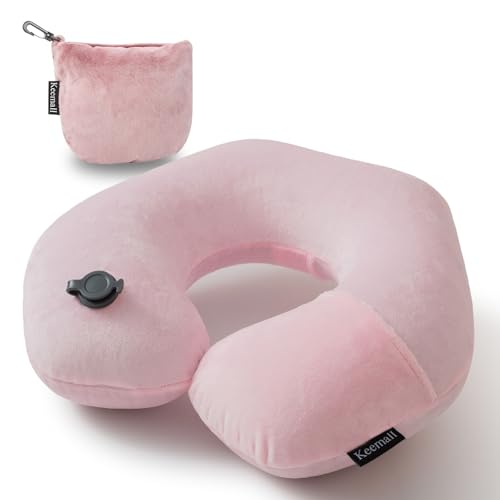 Keemall Inflatable Neck Pillow,Inflatable Travel Pillow Premium Pink U-Shaped with Soft Washable Cover, Compact Portable Airplane Travel Essentials for Flight, Car and Office, Travel Gift for Women - color: Soft Pink, size: Medium