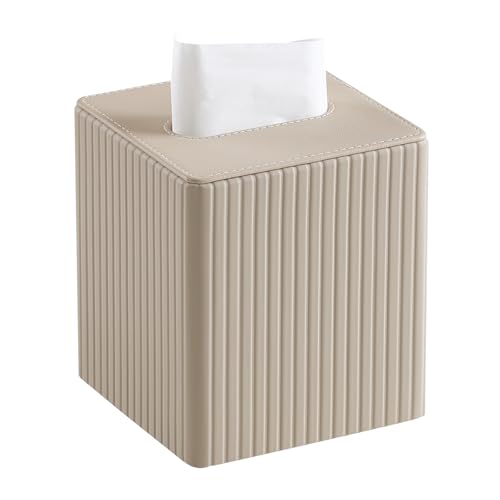 PU Leather Tissue Box Cover Square Tissue Box Holder with Magnetic Closure (Beige Fluted) - color: Beige Fluted