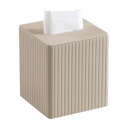 PU Leather Tissue Box Cover Square Tissue Box Holder with Magnetic Closure (Beige Fluted) - color: Beige Fluted
