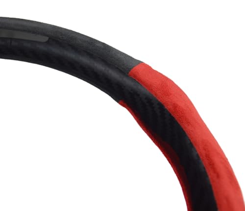 Quick Install Sporty Suede Steering Wheel Cover with Red Grips Universal fit Any 14 ½ to 15 inches Car SUV Pickup Steering Wheel - color: Black+Red Sides, size: Suede
