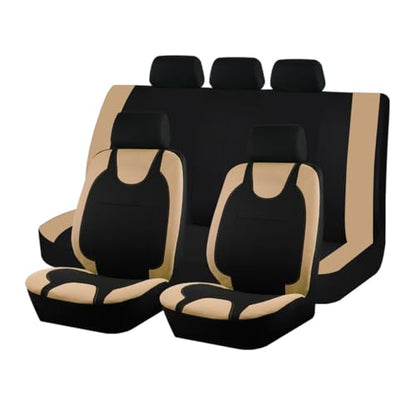 Car Seat Covers Full Set, Polyester Vehicle Front ＆ Rear Bench Seat Protectors with 5 Headrest Covers, Automotive Interior Chair Protection Accessories, Universal Fit (Beige) - color: Beige