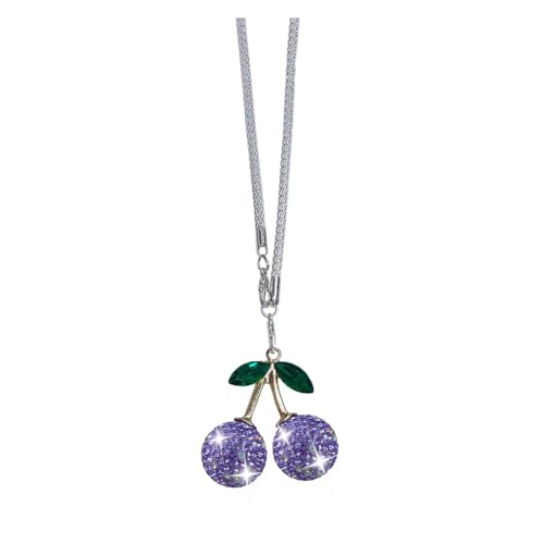Bling Cherry Car Rear View Mirror Charm - Cute Crystal Rhinestone Rearview Mirror Hanging Pendant Accessory for Women Girl, Lucky Sparkly Diamond Auto Interior Decoration Car Ornament Presents(Purple) - color: Purple