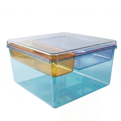 MOSSRIVER 3 Pack Clear Drawer Organizer Set, Plastic Desk Organizer Bin with Lid & Trays, Colorful Storage Box with Removable Trays for Cosmetics, Jewelry, Bedroom, Bathroom, Office, Combo 01 - color: Color 01
