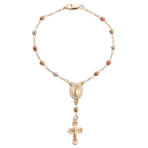 Gold Plated Beads Catholic Guadalupe Car Rearview Mirror Rosary Hanging Charm Chain for Women with Gift Box - color: Hollow beads
