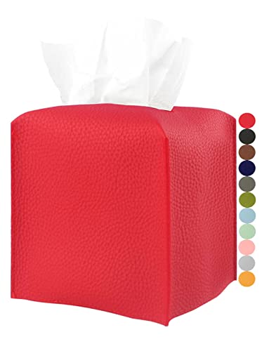 Red Tissue Box Cover Square – with Bottom Belt [JESMINI, Red] Modern PU Leather Tissue Cube Box Holder Decorative for Bathroom Vanity Countertop/Night Stands/Office Desk, 5x5x5 - color: Hot Red