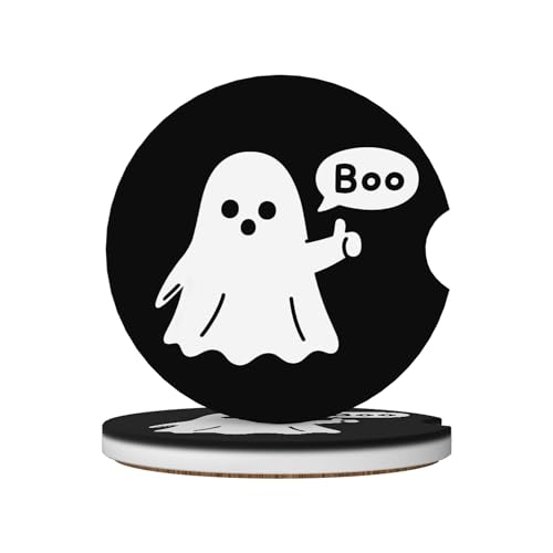 Cute Boo Ghost Car Cup Holder Coasters 2 Pack Universal 2.63 Inch Anti Slip Ceramic Absorbent Coaster with Cork Base and Finger Notch Cute Car Accessories Interior for Women - color: Black