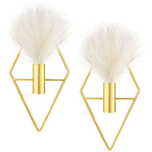 2 Pcs Boho Wall Decor Metal Gold Wall Art Hanging Planters with Artificial Pampas Modern Home Decor Display Art for Living Room Bedroom Bathroom(Rhombus) - style: Rhombus