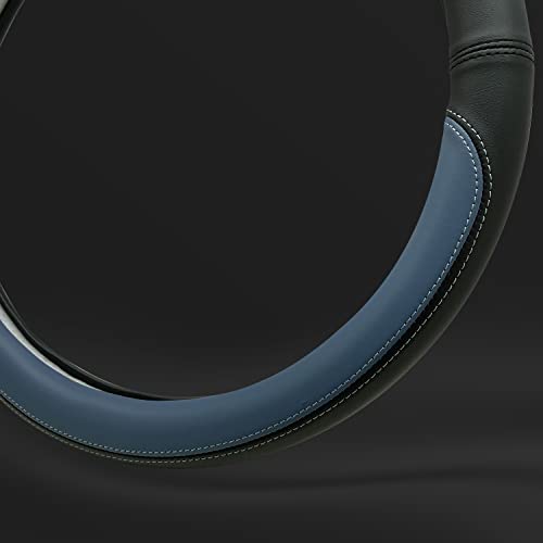 Morandi Color Steering Wheel Cover, Nappa Leather, Fashionable Sporty Style, Universal 15 inches,Black and Blue - color: Black and Blue