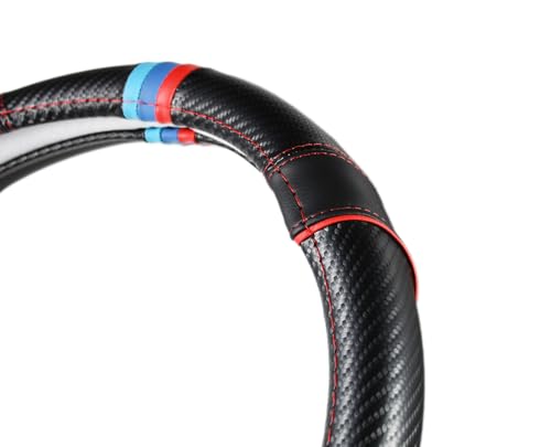Carbon Fiber + Leather Steering Wheel Cover with Sporty Top Stripes, Non-Slip and Sweat Absorbent Universal fit 14 ½ to 15 inches SW for Most Car SUV Pickup - color: carbon pattern+black leather grip+stripes