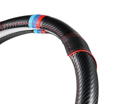 Carbon Fiber + Leather Steering Wheel Cover with Sporty Top Stripes, Non-Slip and Sweat Absorbent Universal fit 14 ½ to 15 inches SW for Most Car SUV Pickup - color: carbon pattern+black leather grip+stripes
