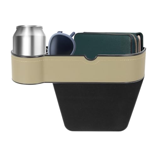 HARFINGTON Car Seat Gap Filler Organizer 10.6 x 7.1 x 2.8 Inch ABS+Leather Universal Car Organizer Storage Box Between Seat and Console (Left) with Cup Holders for Phone Keys, Beige - color: Beige