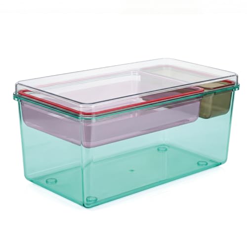 MOSSRIVER 3 Pack Clear Drawer Organizer Set, Plastic Desk Organizer Bin with Lid & Trays, Colorful Storage Box with Removable Trays for Cosmetics, Jewelry, Bedroom, Bathroom, Office, Combo 03 - color: Color 03