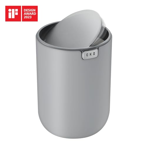 EKO Mini Desk Trash Can with Swing-Top Lid 0.4 Gallon Small Table Round Wastebasket for Office, Home, Car (Grey) - color: Grey, size: Tabletop 1.5 Liters