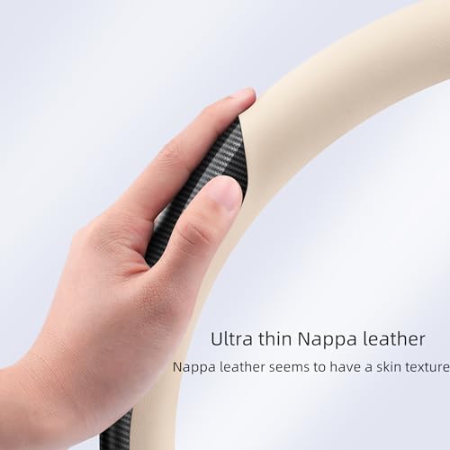 Nappa Leather car Steering Wheel Cover,Carbon Fiber Sports car Interior Non-Slip Ultrathin 15 inches Universal (White) - color: WHITE