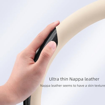 Nappa Leather car Steering Wheel Cover,Carbon Fiber Sports car Interior Non-Slip Ultrathin 15 inches Universal (White) - color: WHITE