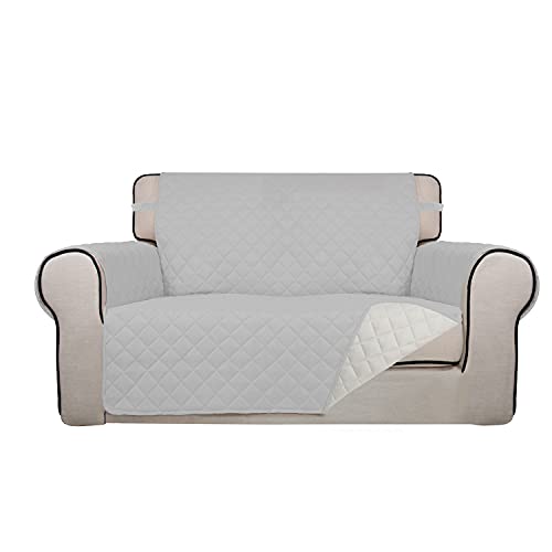 PureFit Reversible Quilted Sofa Cover, Water Resistant Slipcover Furniture Protector, Washable Couch Cover with Non Slip and Elastic Straps for Kids, Pets (Loveseat, Light Gray/Ivory) - color: Light Gray/Ivory, size: Medium