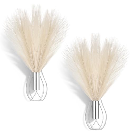 Otoolling 2 Pieces Hanging Plant Wall Decor with Artificial Pampas Grass Metal Hanging Vase Modern Geometric Farmhouse Bohemian Wall Art for Living Room Bedroom Kitchen Office (Silver, Beige)