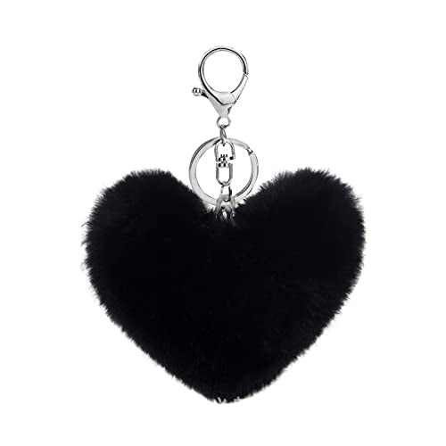 Cute Faux Rabbit Fur Ball Pom Pom Keychain Car Key Ring Handbag Tote Bag Pendant Purse Charm - color: Heart-black