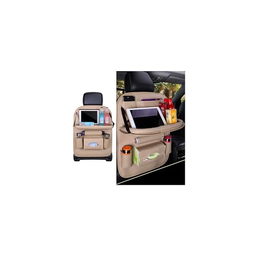 Car Seat Back Organizer, Leather Vehicle Seatback Storage Pocket with Foldable Table Tray, Multifunctional Automotive Backseat Protectors Kick Mats Accessories, Universal Fit (Beige) - color: Beige