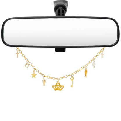 Rearview Mirror Hanging Ornament Gold Car Charm with Crown Cross Star Heart Feather Key and Cone Shapes Aluminum Cute Feminine Aesthetic Rearview Mirror Hanging Car Accessories for Women - style: Gold