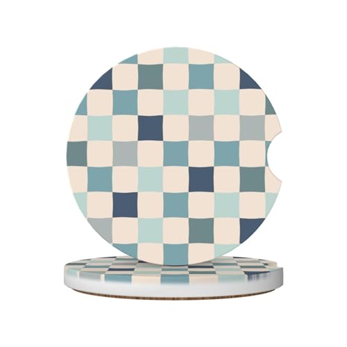 Aesthetic Checkered Car Coasters for Cup Holders,2 Pack Car Cup Holder Coasters for Car,Ceramic Absorbent Car Coaster with A Finger Notch and Cork Base,Car Interior Accessories for Women Men - color: Aesthetic Checkered