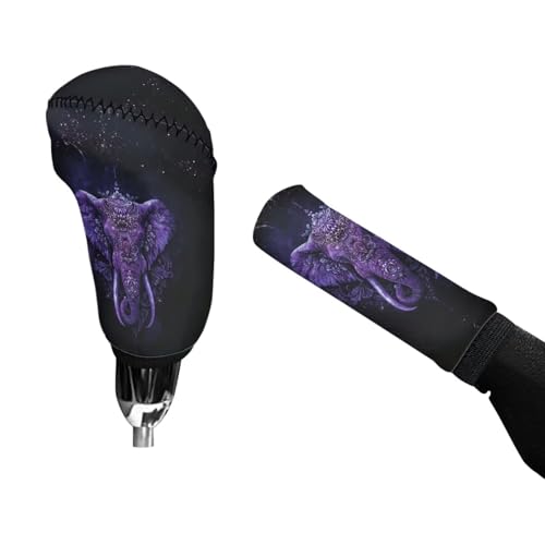 Boho Elephant Print 2 Pcs Car Handbrake Cover with Gear Shift Knob Cover, Soft Stretchy Car Gear Shift Cover and Handbrake Cover Set, Universal Fit Car Interior Accessories, Easy to Install - color: Boho Elephant - Purple and Black