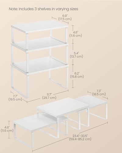 SONGMICS Cabinet Organizer Shelf, Set of 3 Kitchen Counter Shelves, Kitchen Storage, Spice Rack, Stackable, Expandable, Snow White and Matte White UKCS220W01 - color: Snow White + Matte White