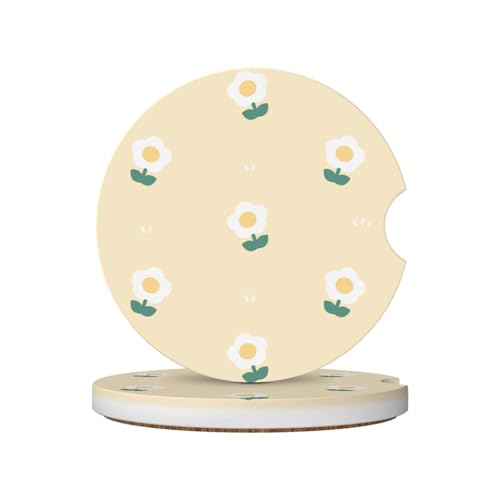 Cute White Flower Car Coasters for Cup Holders,2 Pack Car Cup Holder Coasters for Car,Ceramic Absorbent Car Coaster with A Finger Notch and Cork Base,Car Interior Accessories for Women Men - color: Cute White Flower