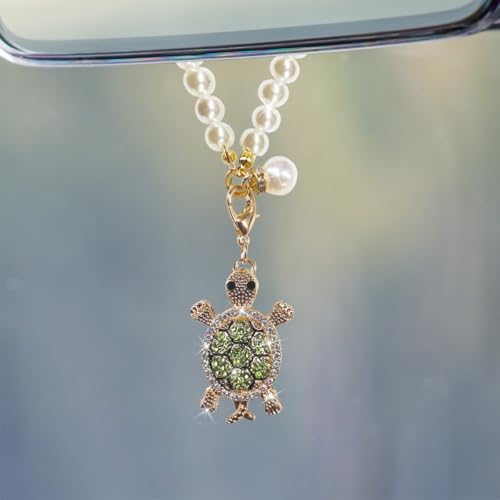 Bling Turtle Car Hanging Ornament, Sparkling Rhinestone Pearl Car Rear View Mirror Charm, Double-Sided Funny Vehicle Interior Pendant Decoration Accessories for Most Cars (Green) - color: Green