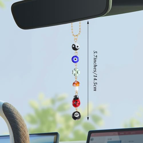 Ptwola Evil Eye Car Hanging Ornament Good Lucky Days Charm 8 Ball Mushroom Four-Leaf Ladybug Yin Yang Symbo Rear View Mirror Pendant Cute Boho Car Accessories Decorations for Keychain Cellphone