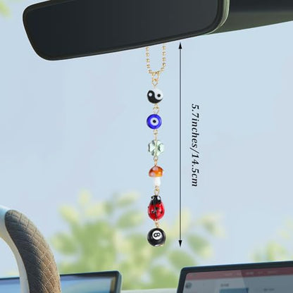 Ptwola Evil Eye Car Hanging Ornament Good Lucky Days Charm 8 Ball Mushroom Four-Leaf Ladybug Yin Yang Symbo Rear View Mirror Pendant Cute Boho Car Accessories Decorations for Keychain Cellphone