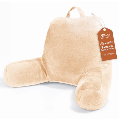 Sasttie Reading Pillow, Velvet Back Pillow for Bed Sitting Up, Adult Back-Rest Support Cushion with Arms for Sit Up on Couch, Sofa, and Floor, Dorm Essentials, Reading Accessories, Camel - color: Camel, size: Standard (18-Inch)