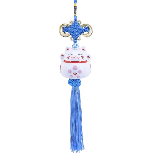 Cute Lucky Cat Charm Ceramic Japanese Maneki Neko Cat Hanging Pendant Lucky Cat Chinese Knot Decoration Charm Car Interior Home Decoration (Blue) - color: Blue