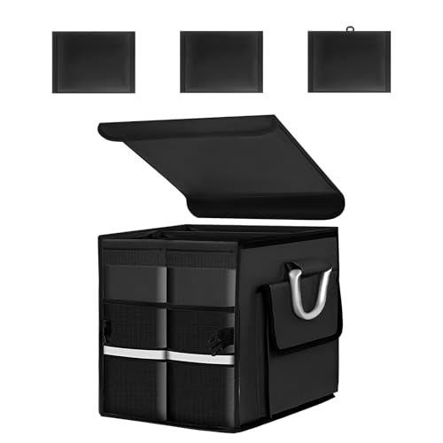 Car Trunk Organizer with Lid, 28L Waterproof Oxford Fabric Auto Trunk Cargo Storage Box w/Aluminium Alloy Handle, Collapsible 2-Compartment Storage Organizer for RV SUV Truck (Black) - color: Black