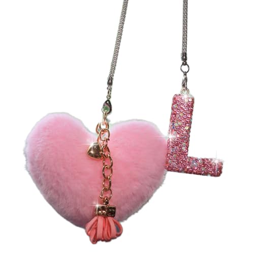 Bling Pink Car Accessories for Women Letter Charm, Rainbow Color Rear View Mirror Cute Crystal Pendant Car Decorations, Lucky Gifts Diamond Rhinestone Charm Interior (L, Tassel Heart) - color: Pink L