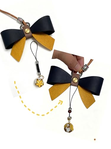 Oil Wax Testure Leather Bow Bag Charm, Bow Cute Car Rear View Mirror Hanging Ornament. Accessories Pendant Ornaments with Gold Bell, for Women,Man,Driver. (Black&Yellow)