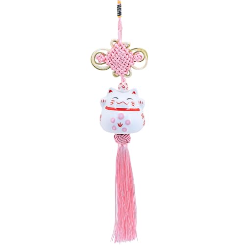 Cute Lucky Cat Charm Ceramic Japanese Maneki Neko Cat Hanging Pendant Lucky Cat Chinese Knot Decoration Charm Car Interior Home Decoration (Pink) - color: Pink