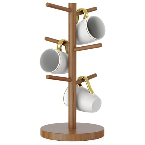 Wisuce Bamboo Coffee Mug Holder Tree, Thicker Base Coffee Cup Holder Stand for Counter, Countertop Mug Rack Organizer with 6 Hooks (Brown - color: Brown