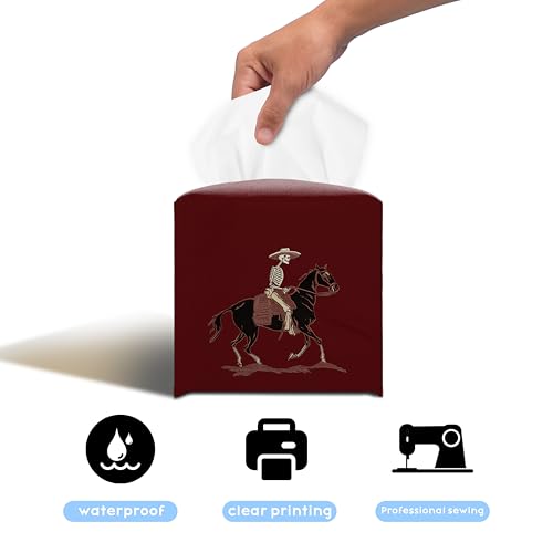 Skeleton Horse Rider 5.2-Inch Square PU Leather Tissue Box Cover – Rustic Gothic Rodeo Style, Hand-Stitched, Removable Liner, Bathroom, Bedroom, Living Room, Office Gift - color: Horse